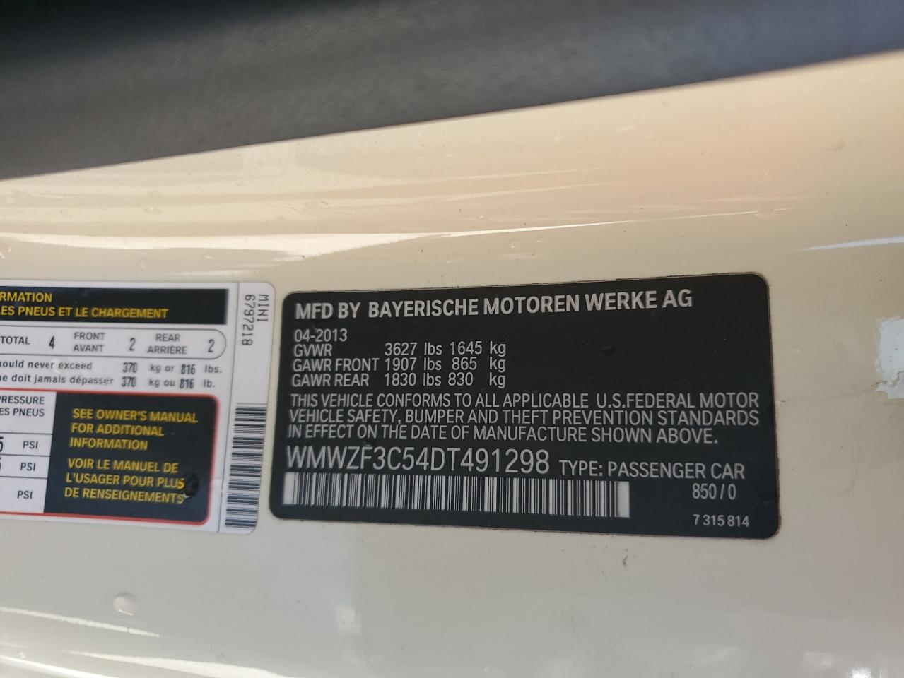 2013 MINI Cooper VIN WMWZF3C54DT491298 Copart auction photo, front end / side damage thumbnail 12