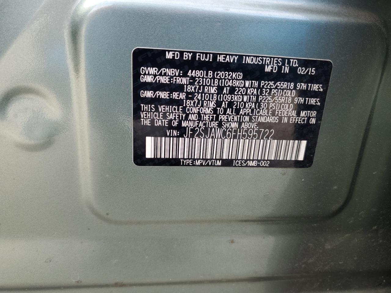 2015 Subaru Forester VIN JF2SJAWC6FH595722 Copart auction photo, rear end damage thumbnail 14