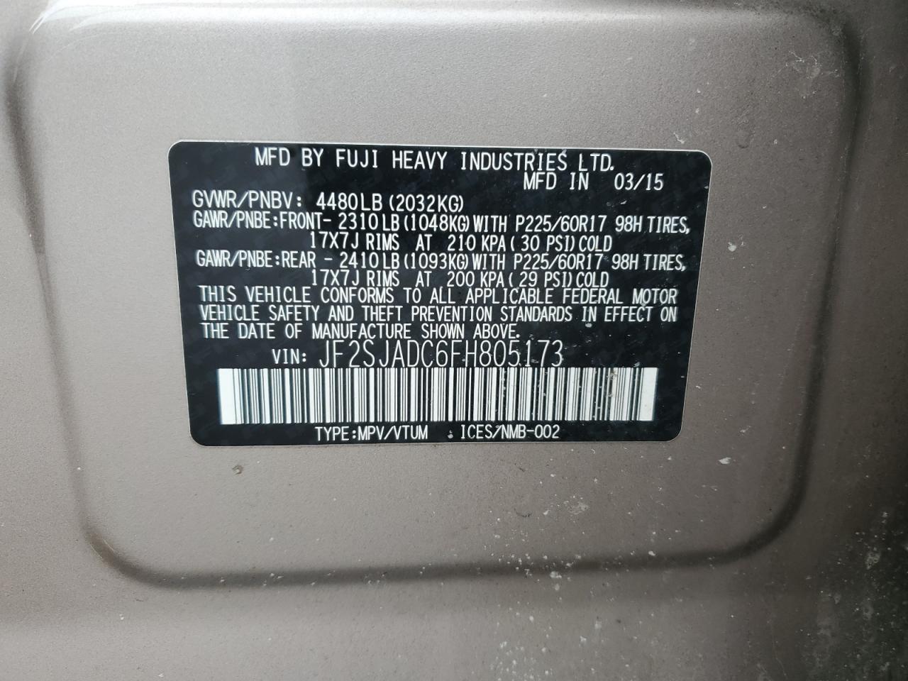 2015 Subaru Forester VIN JF2SJADC6FH805173 Copart auction photo, front end / rear end damage thumbnail 13