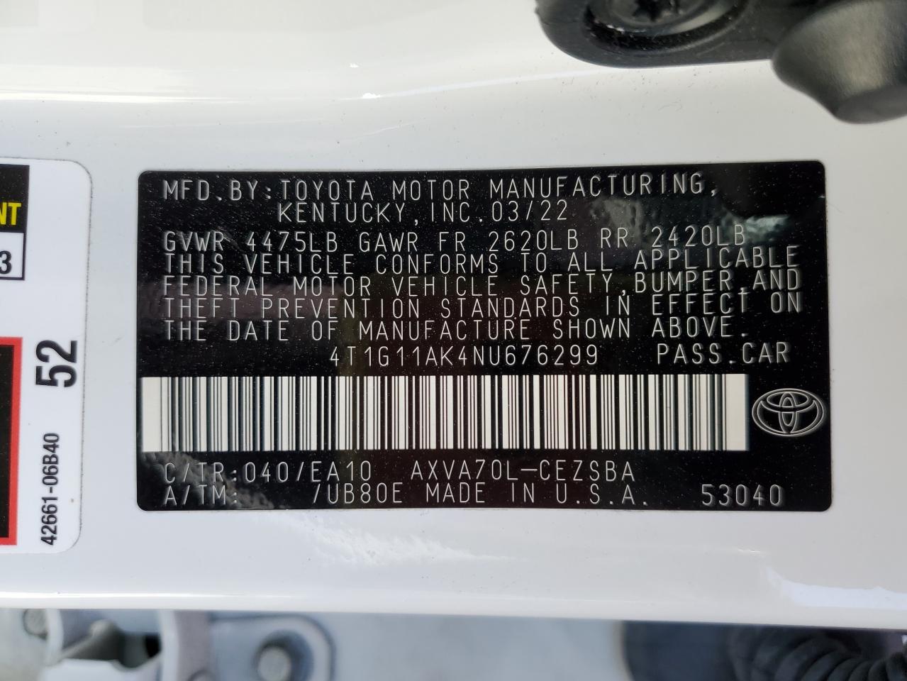 2022 Toyota Camry VIN 4T1G11AK4NU676299 Copart auction photo, front end damage thumbnail 13