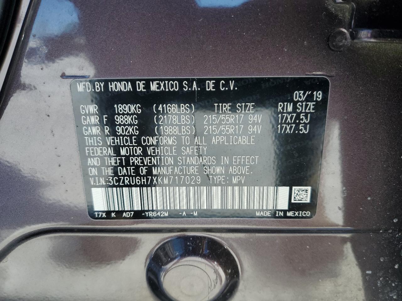 2019 Honda HR-V VIN 3CZRU6H7XKM717029 Copart auction photo, front end / minor dent/scratches damage thumbnail 15