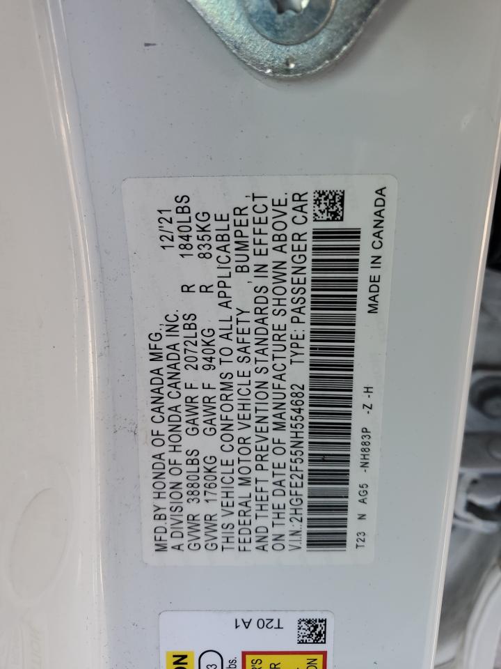 2022 Honda Civic VIN 2HGFE2F55NH554682 Copart auction photo, front end damage thumbnail 12