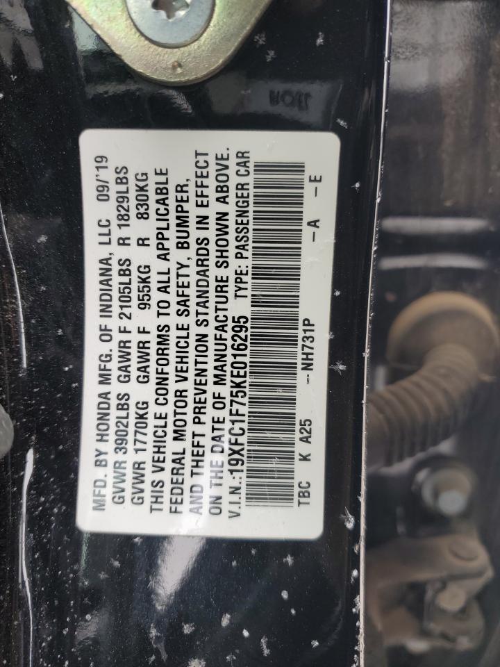 2019 Honda Civic VIN 19XFC1F75KE016295 Copart auction photo, side / rear end damage thumbnail 15