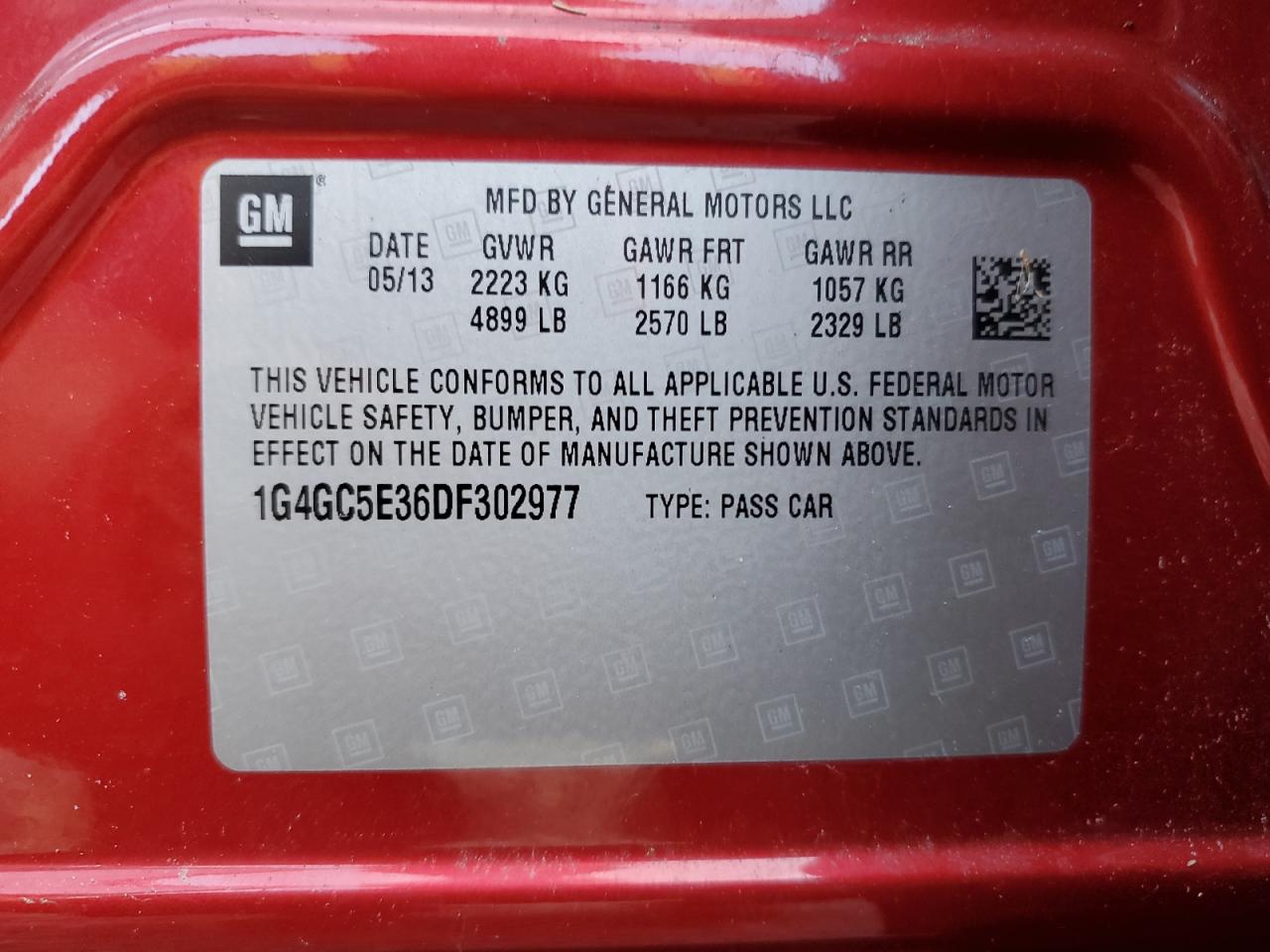2013 Buick LaCrosse VIN 1G4GC5E36DF302977 Copart auction photo, water/flood damage thumbnail 13