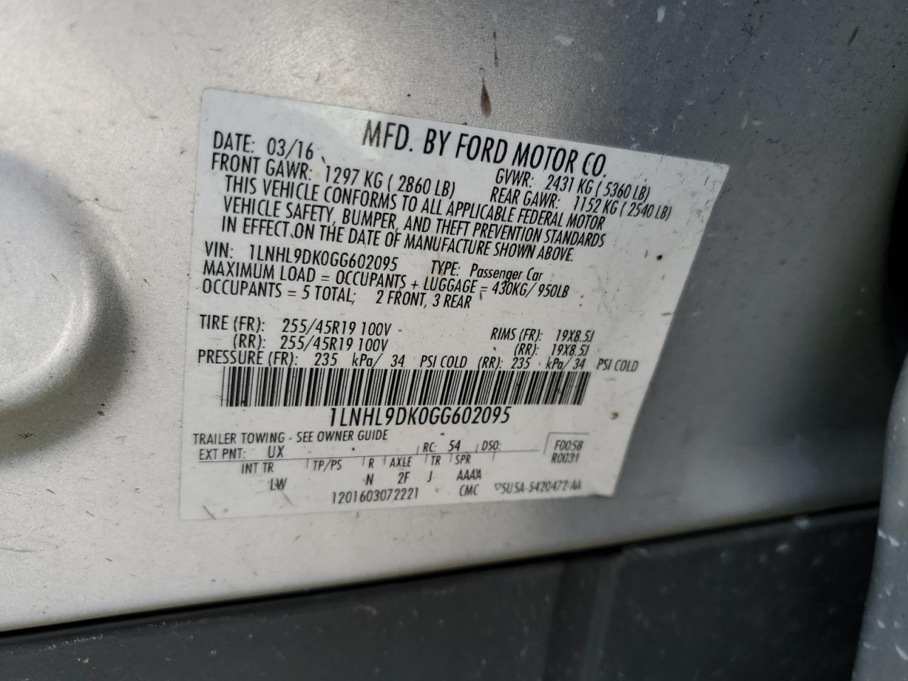 2016 Lincoln MKS VIN 1LNHL9DK0GG602095 Copart auction photo, water/flood damage thumbnail 13