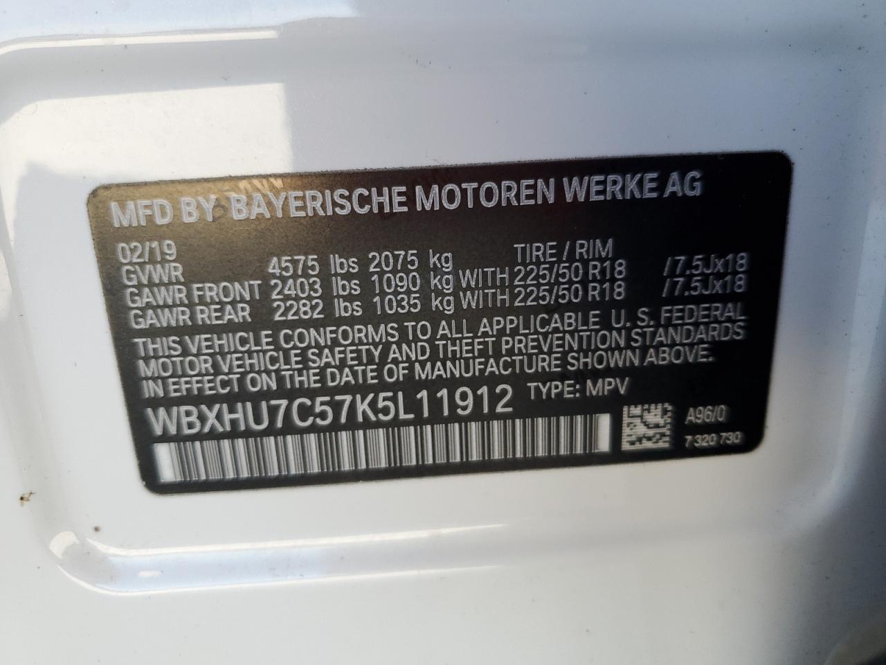2019 BMW X1 VIN WBXHU7C57K5L11912 Copart auction photo, front end / minor dent/scratches damage thumbnail 12