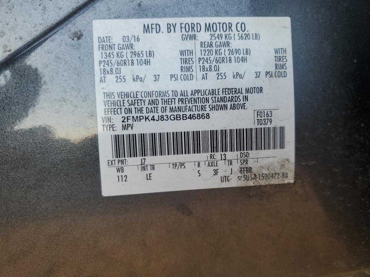2016 Ford Edge VIN 2FMPK4J83GBB46868 Copart auction photo, front end damage thumbnail 13