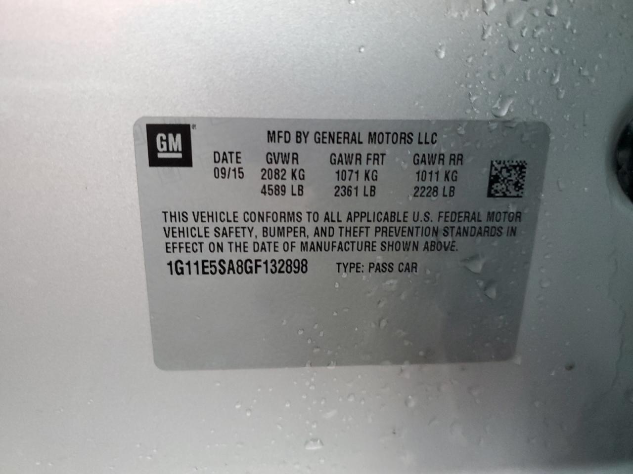 2016 Chevrolet Malibu VIN 1G11E5SA8GF132898 Copart auction photo, hail / side damage thumbnail 12