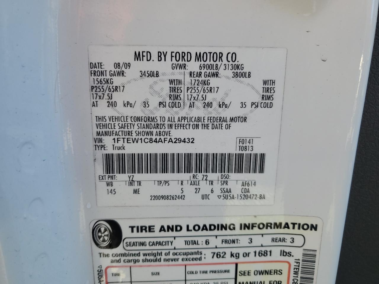 2010 Ford F-150 VIN 1FTEW1C84AFA29432 Copart auction photo, rear end / side damage thumbnail 12