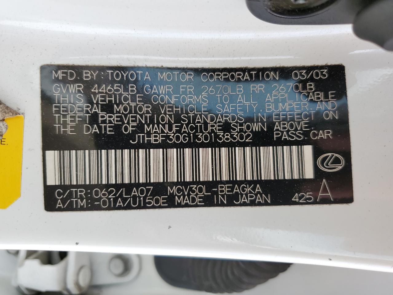 2003 Lexus ES VIN JTHBF30G130138302 Copart auction photo, front end damage thumbnail 13