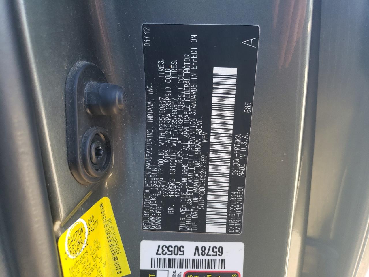 2012 Toyota Sienna VIN 5TDYK3DC3CS247369 Copart auction photo, front end damage thumbnail 14