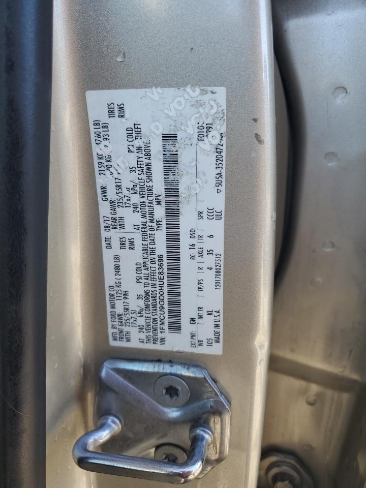 2017 Ford Escape VIN 1FMCU9GD0HUE83696 Copart auction photo, front end / side damage thumbnail 14