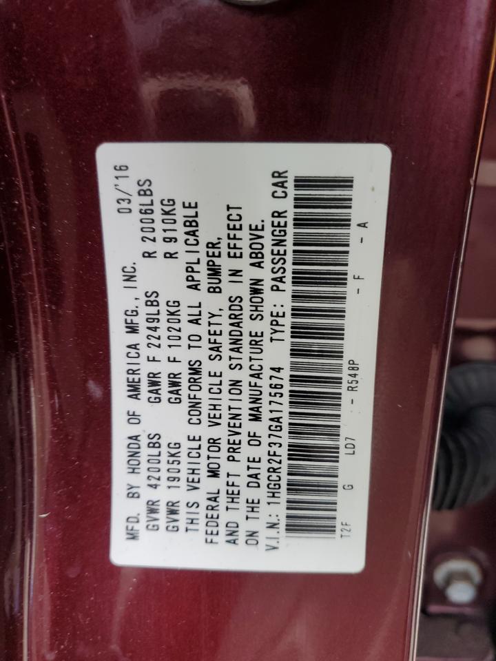 2016 Honda Accord VIN 1HGCR2F37GA175674 Copart auction photo, front end / minor dent/scratches damage thumbnail 12
