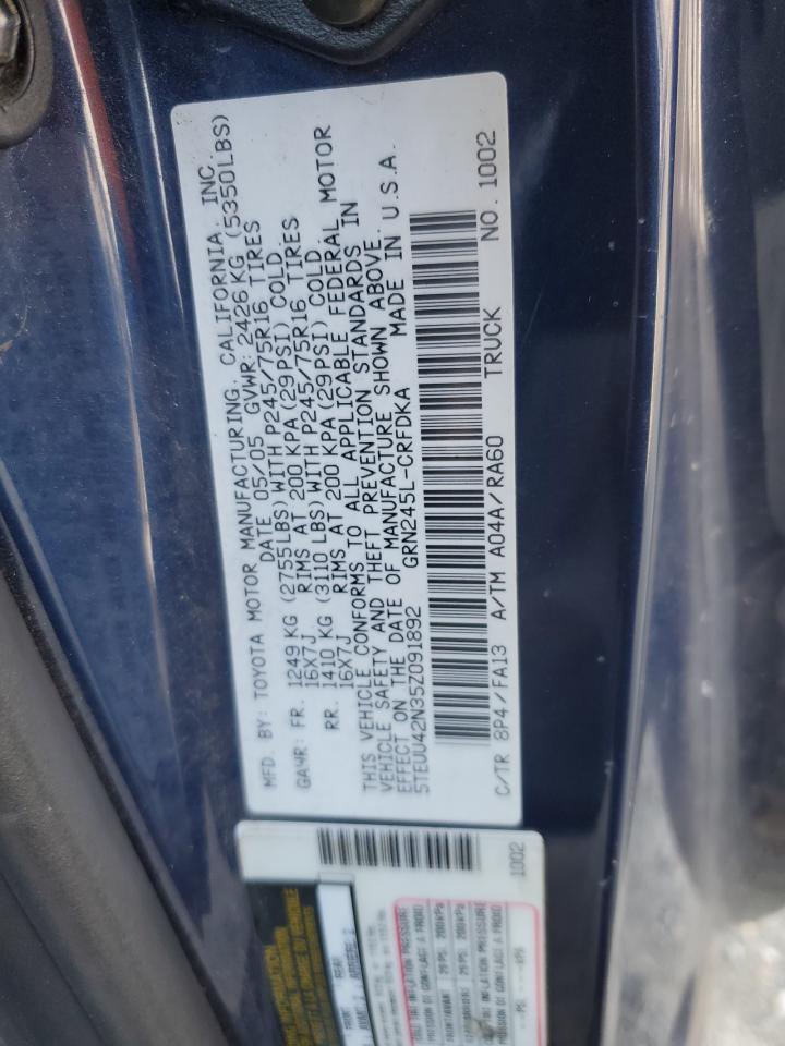 2005 Toyota Tacoma VIN 5TEUU42N35Z091892 Copart auction photo, side damage thumbnail 12