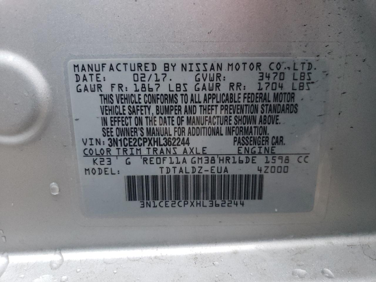 2017 Nissan Versa VIN 3N1CE2CPXHL362244 Copart auction photo, front end damage thumbnail 13
