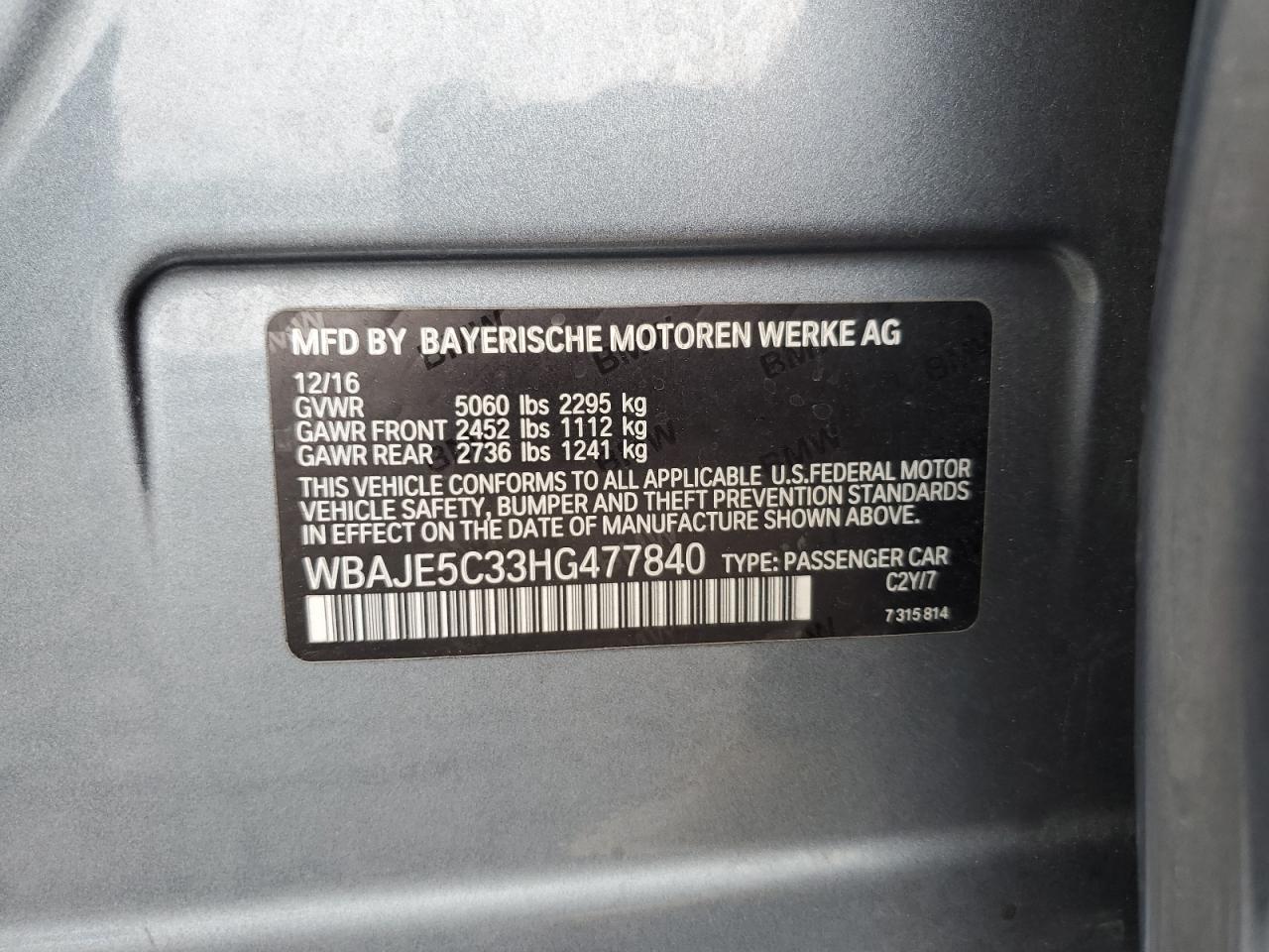 2017 BMW 5er VIN WBAJE5C33HG477840 Copart auction photo, front end damage thumbnail 12