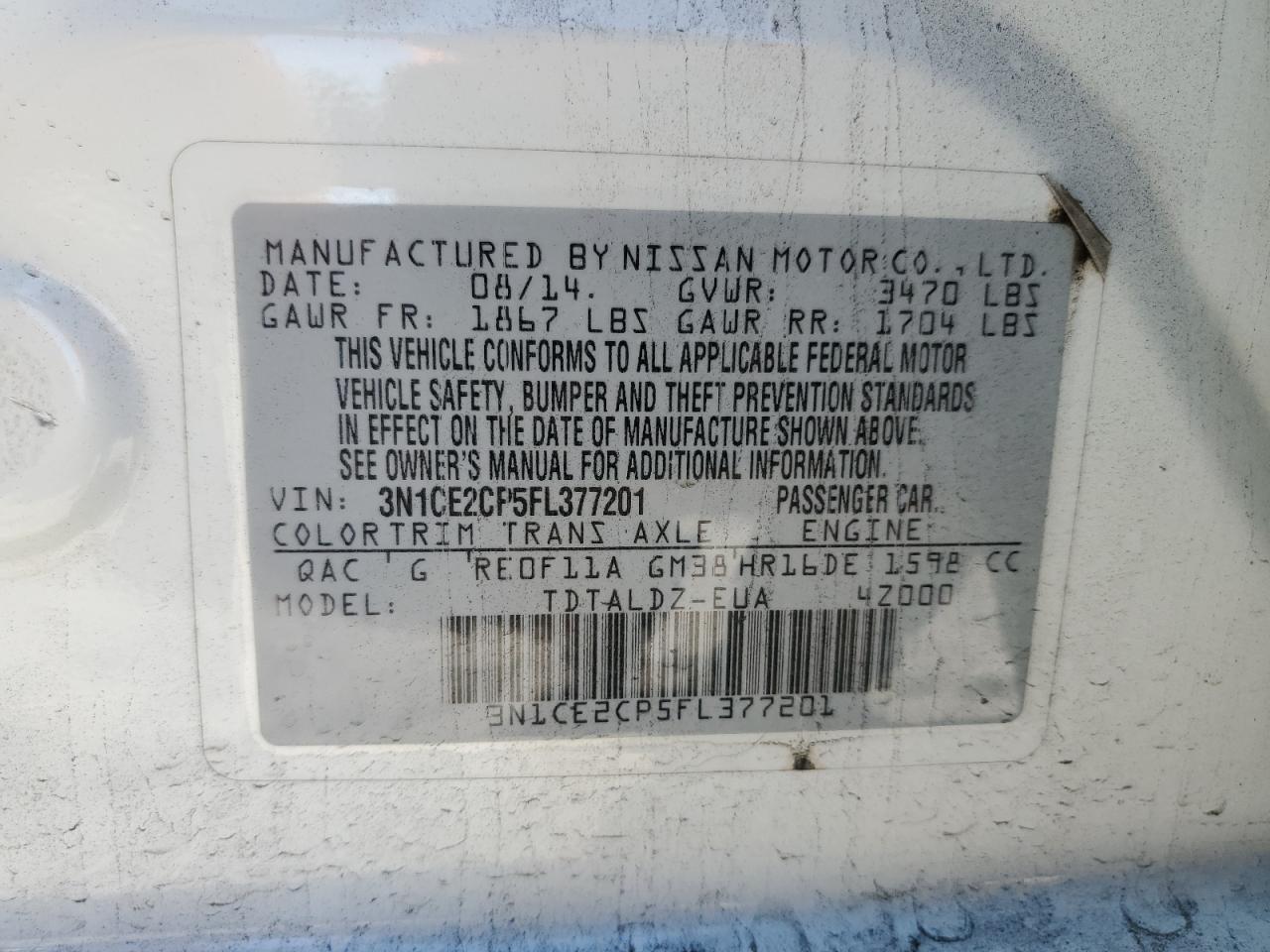 2015 Nissan Versa VIN 3N1CE2CP5FL377201 Copart auction photo, front end / undercarriage damage thumbnail 13