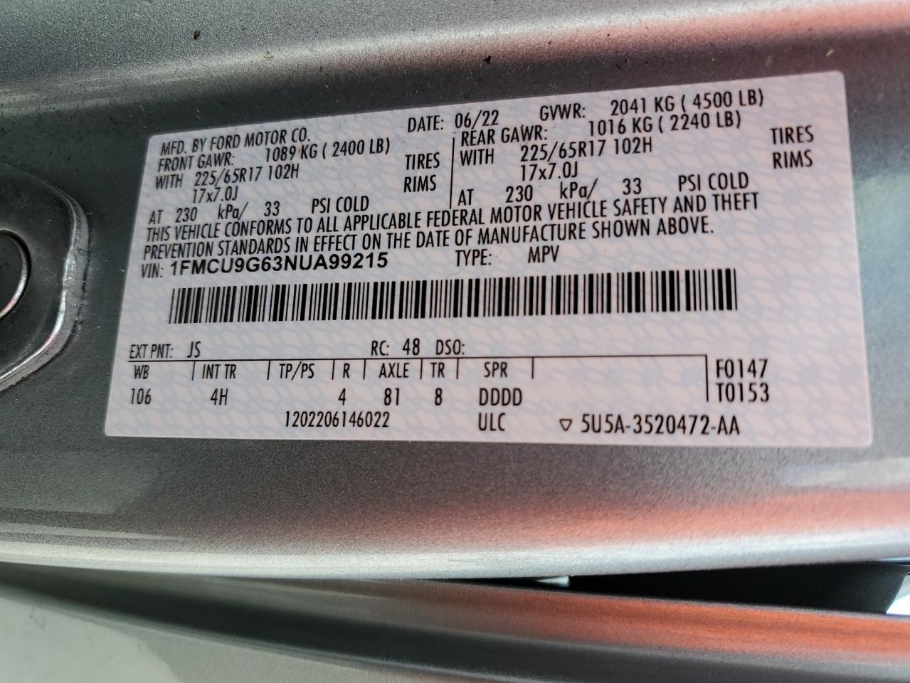 2022 Ford Escape VIN 1FMCU9G63NUA99215 Copart auction photo, side damage thumbnail 15