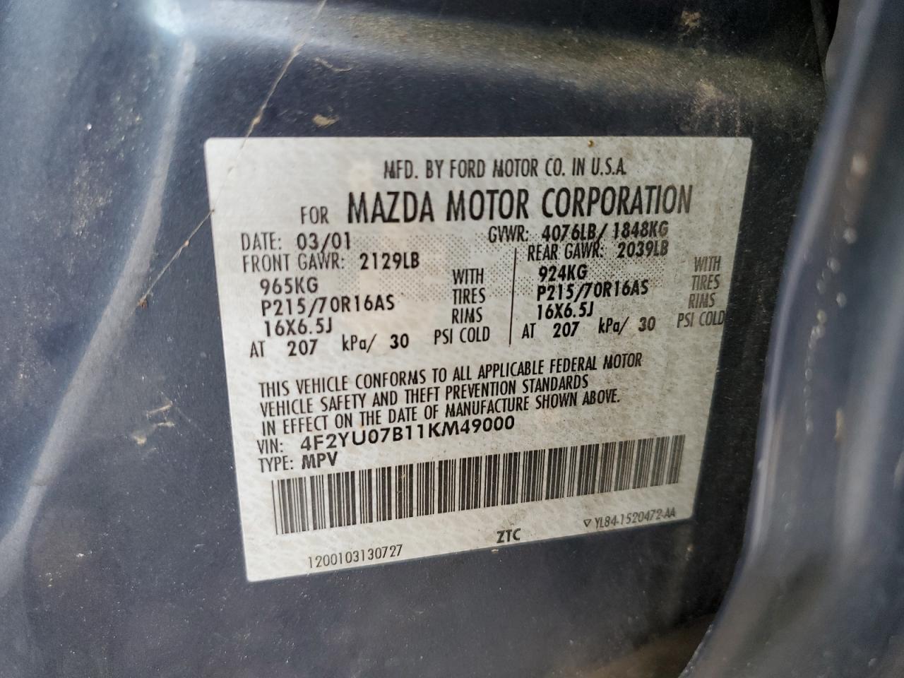 2001 Mazda Tribute VIN 4F2YU07B11KM49000 Copart auction photo, all over damage thumbnail 14