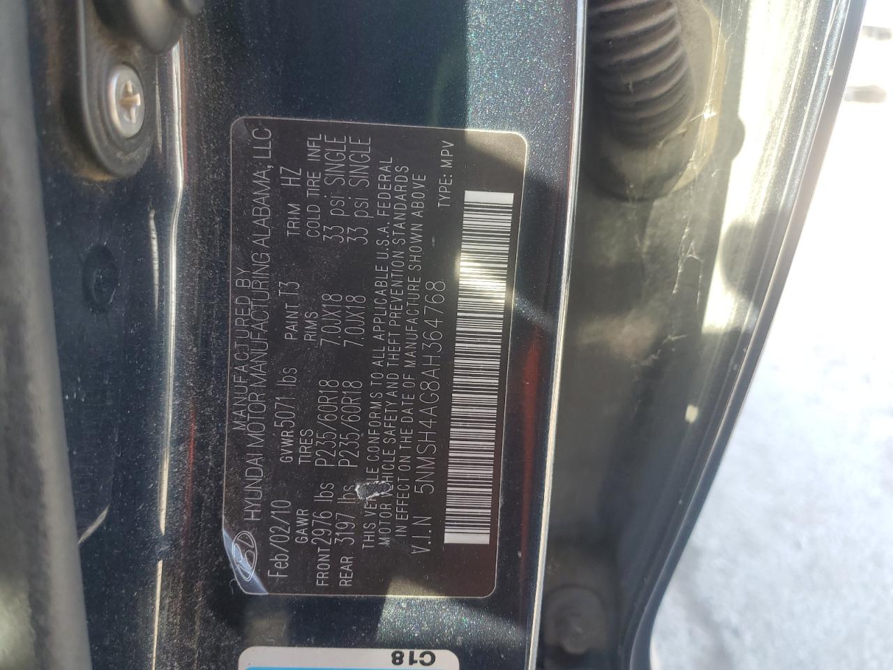 2010 Hyundai Santa Fe VIN 5NMSH4AG8AH364768 Copart auction photo, mechanical / minor dent/scratches damage thumbnail 13