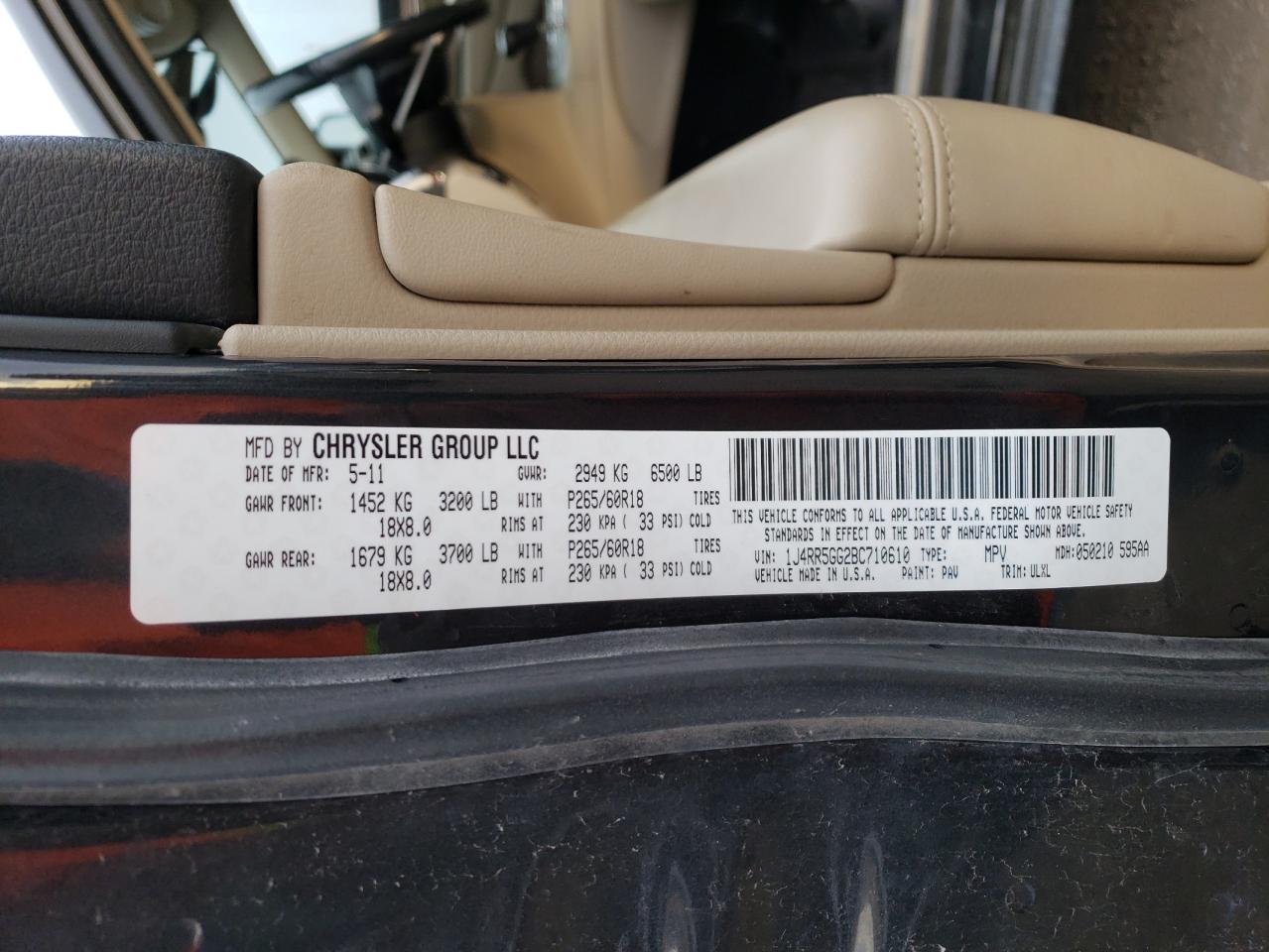 2011 Jeep Grand Cherokee VIN 1J4RR5GG2BC710610 Copart auction photo, top/roof / front end damage thumbnail 13