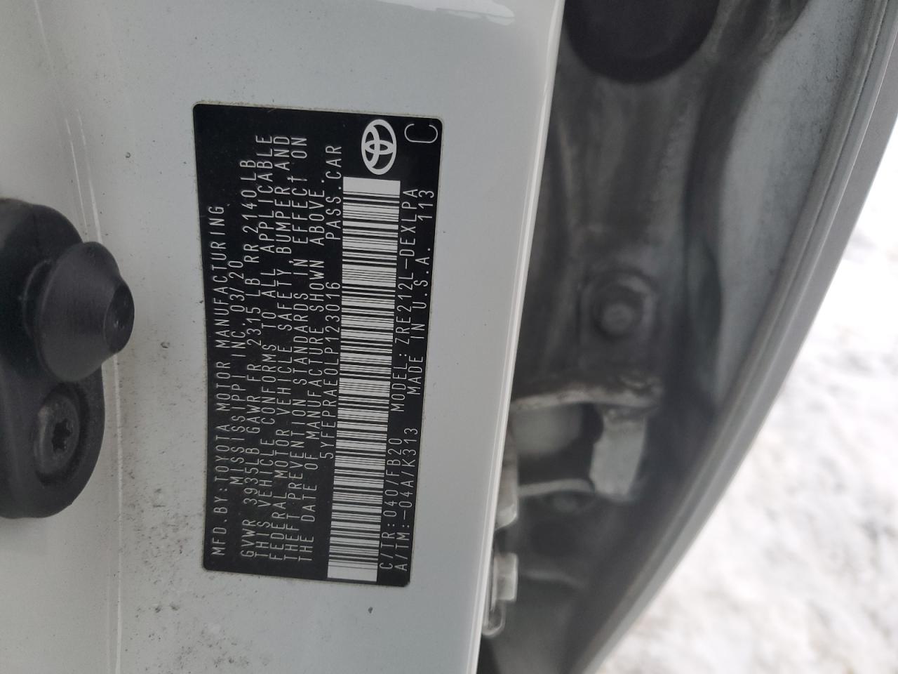 2020 Toyota Corolla VIN 5YFEPRAE0LP123016 Copart auction photo, rear end damage thumbnail 15