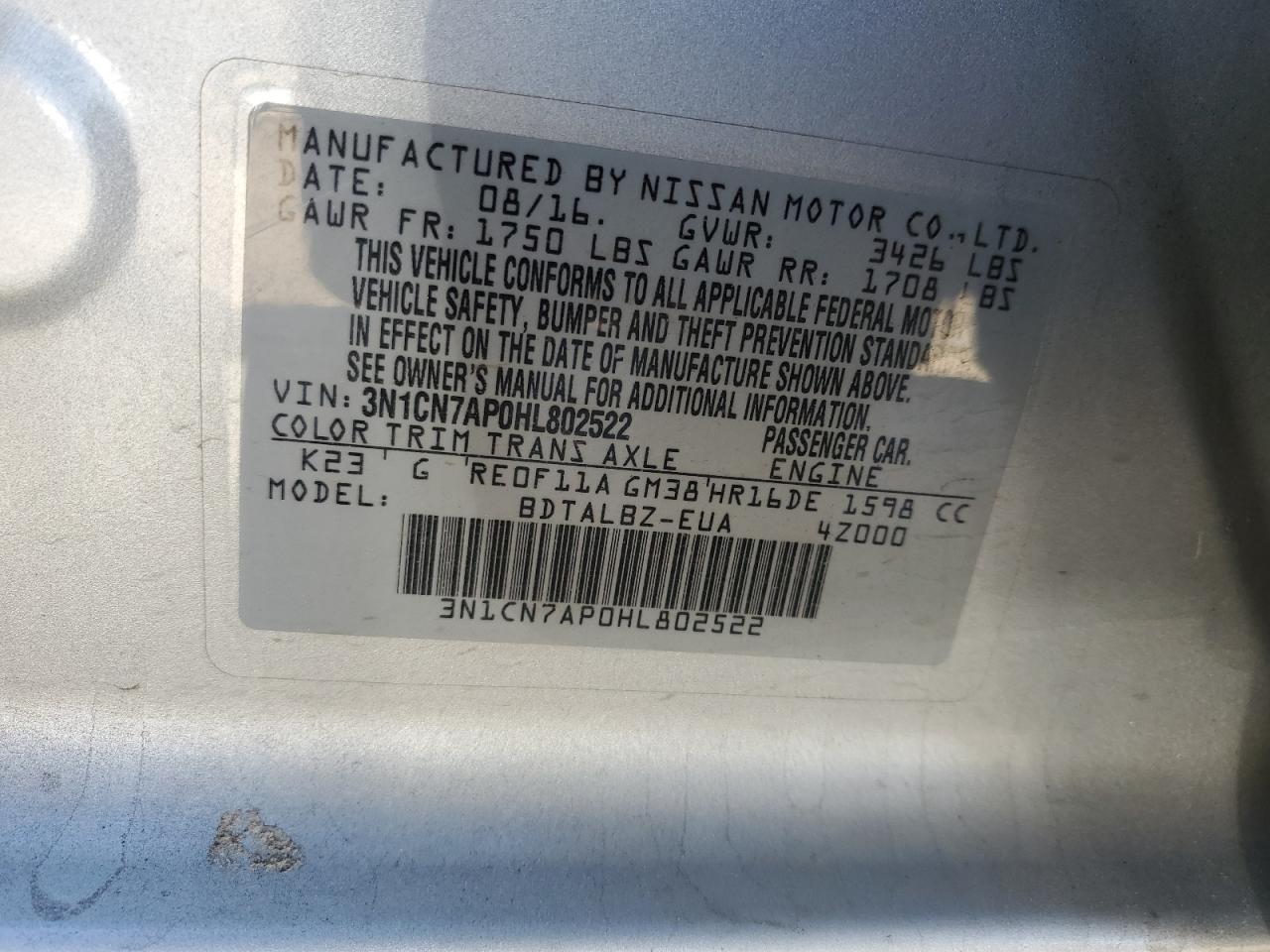 2017 Nissan Versa VIN 3N1CN7AP0HL802522 Copart auction photo, front end / rear end damage thumbnail 14
