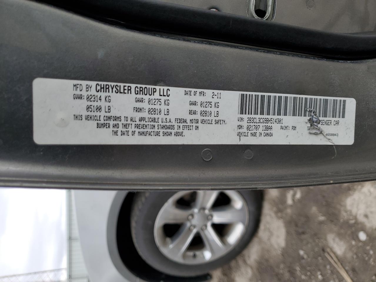 2011 Dodge Charger VIN 2B3CL3CG9BH514301 Copart auction photo, side damage thumbnail 14