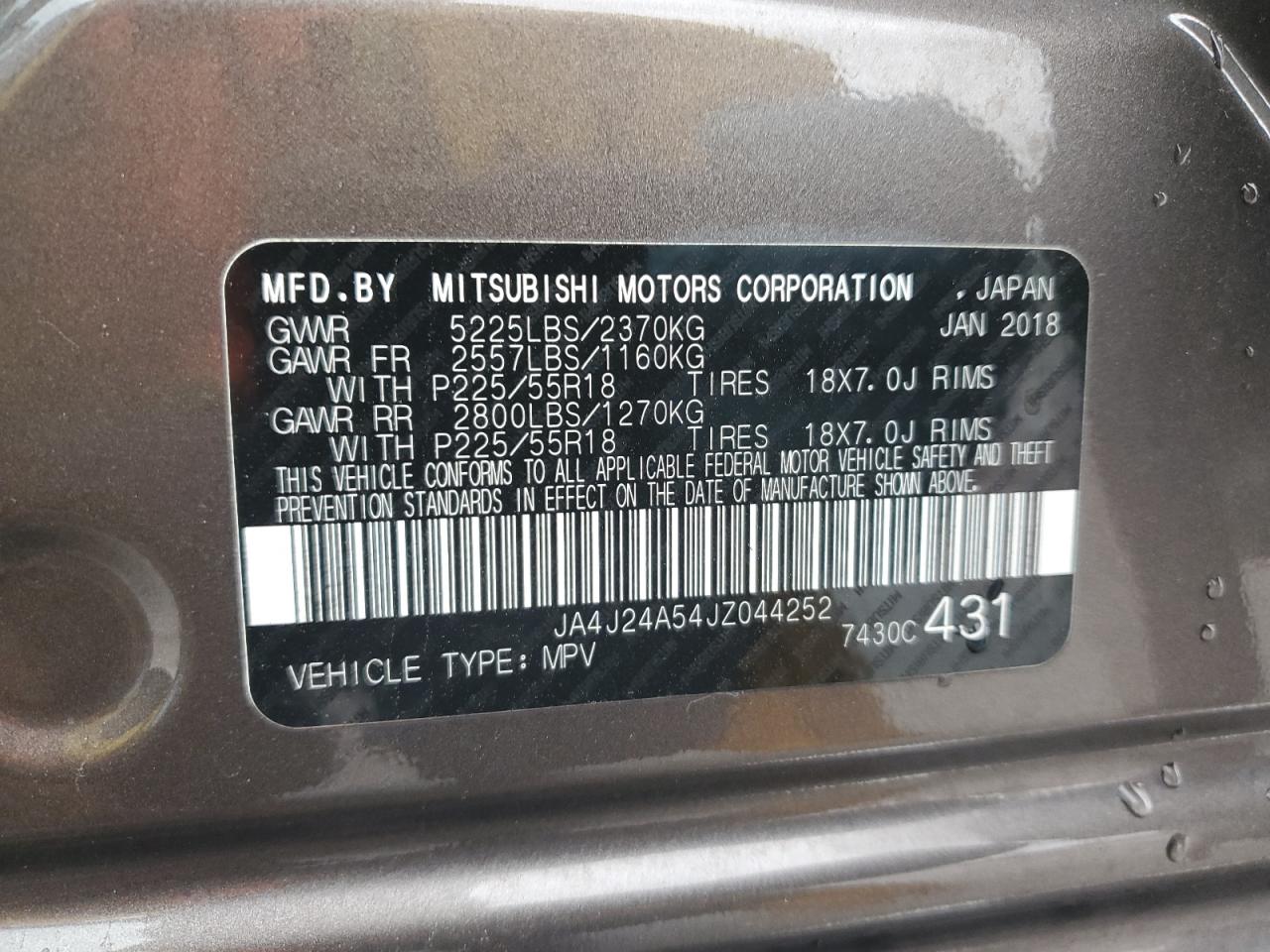 2018 Mitsubishi Outlander VIN JA4J24A54JZ044252 Copart auction photo, rear end damage thumbnail 13