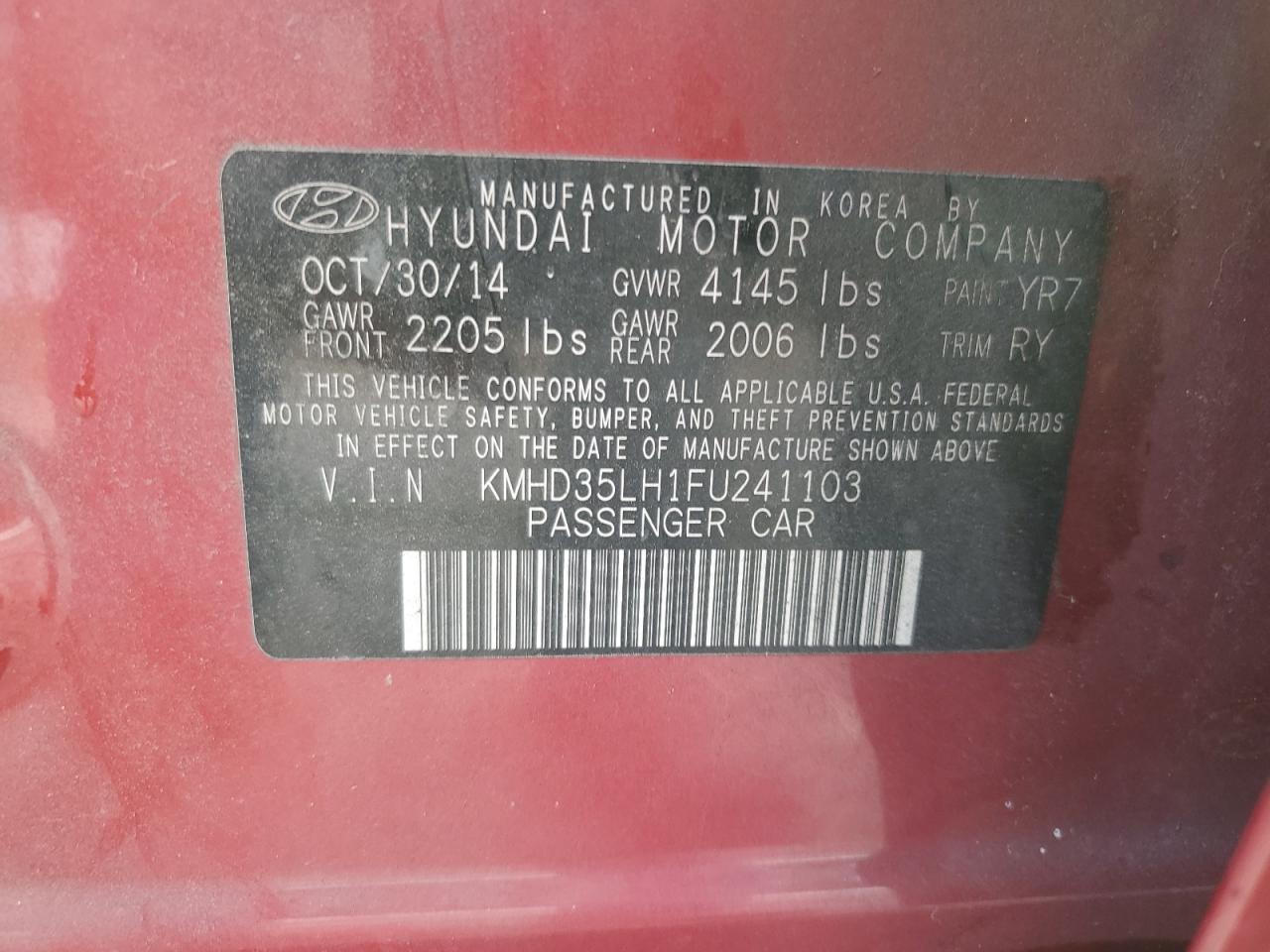 2015 Hyundai Elantra VIN KMHD35LH1FU241103 Copart auction photo, side damage thumbnail 12