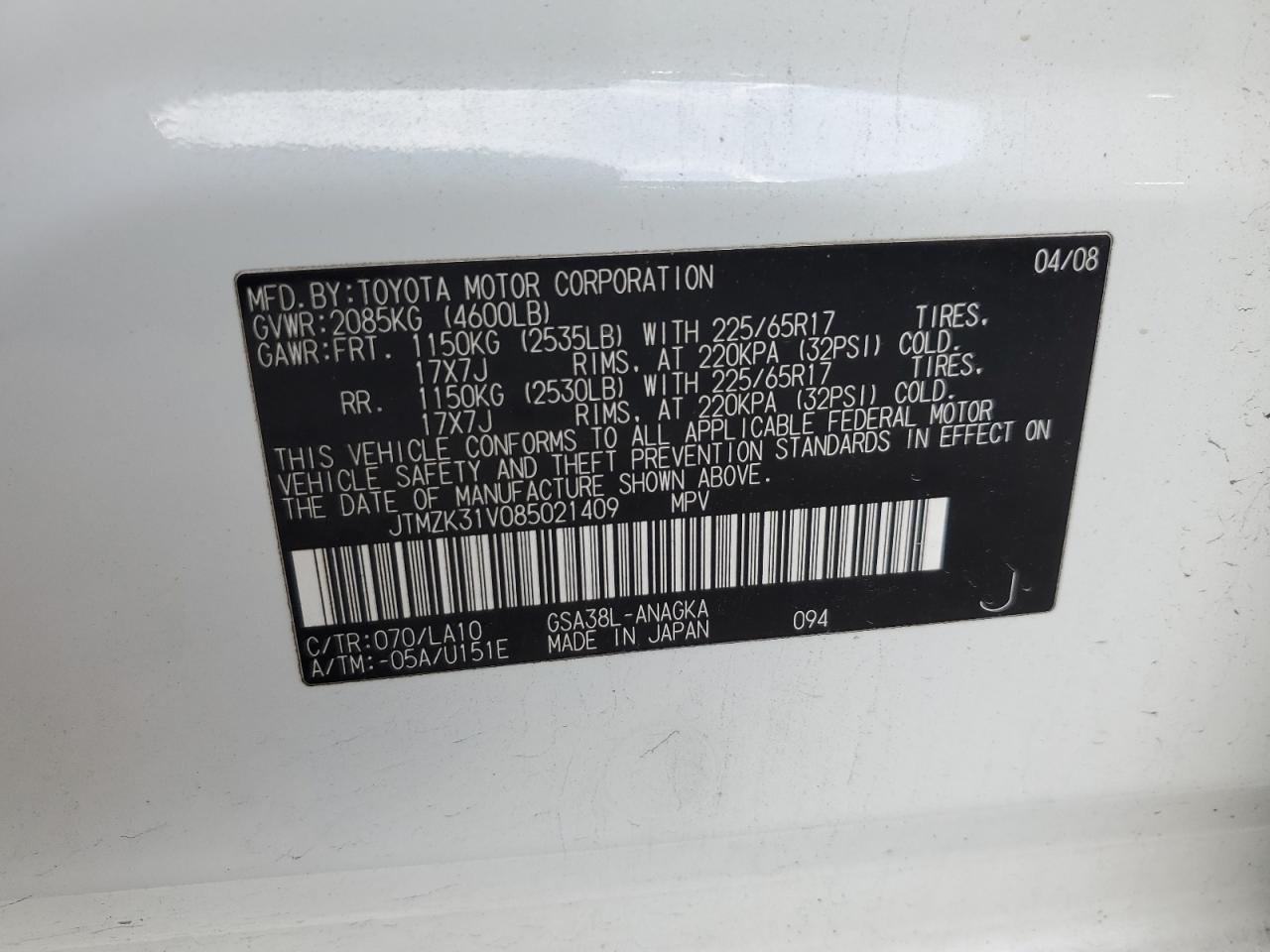 2008 Toyota RAV 4 VIN JTMZK31V085021409 Copart auction photo, rear end damage thumbnail 14