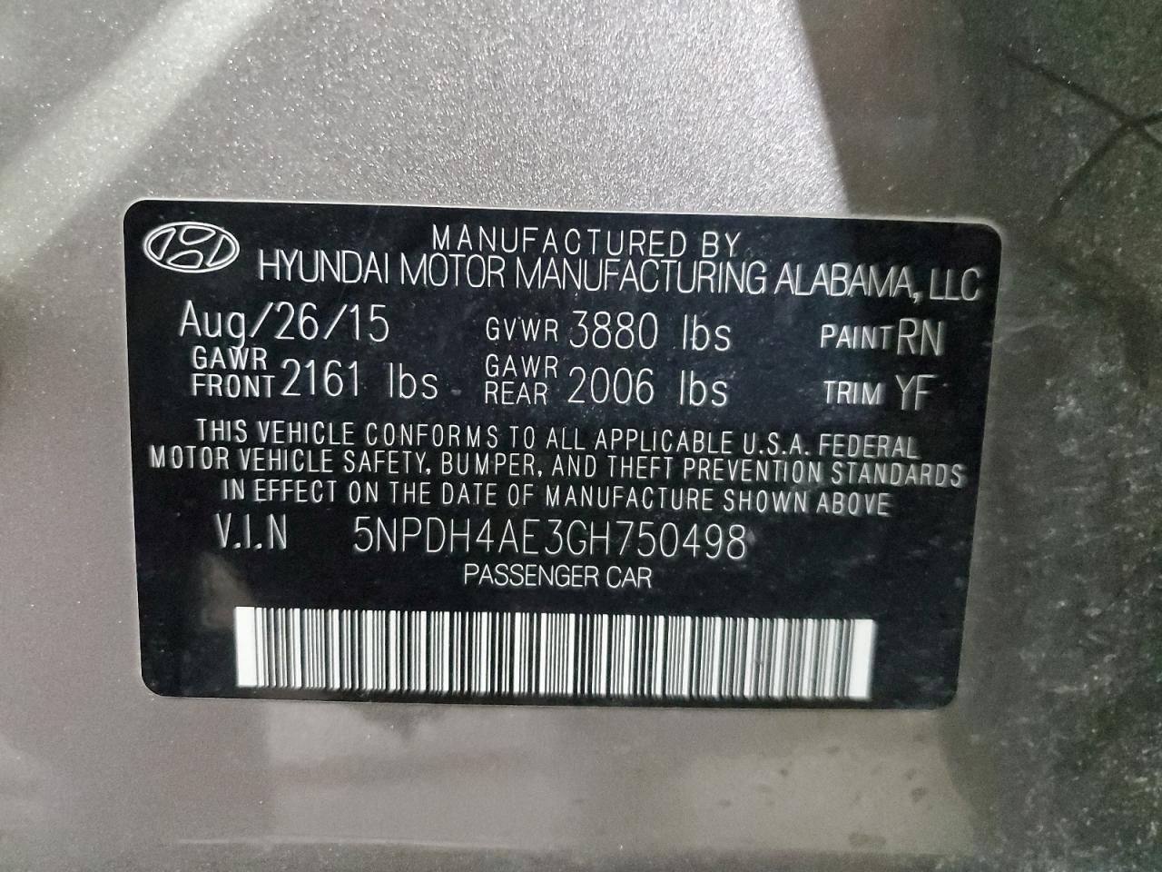 2016 Hyundai Elantra VIN 5NPDH4AE3GH750498 Copart auction photo, front end / side damage thumbnail 13