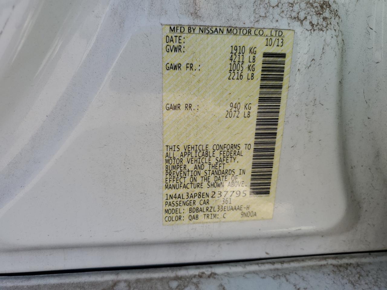 2014 Nissan Altima VIN 1N4AL3AP8EN237795 Copart auction photo, rear end / front end damage thumbnail 15