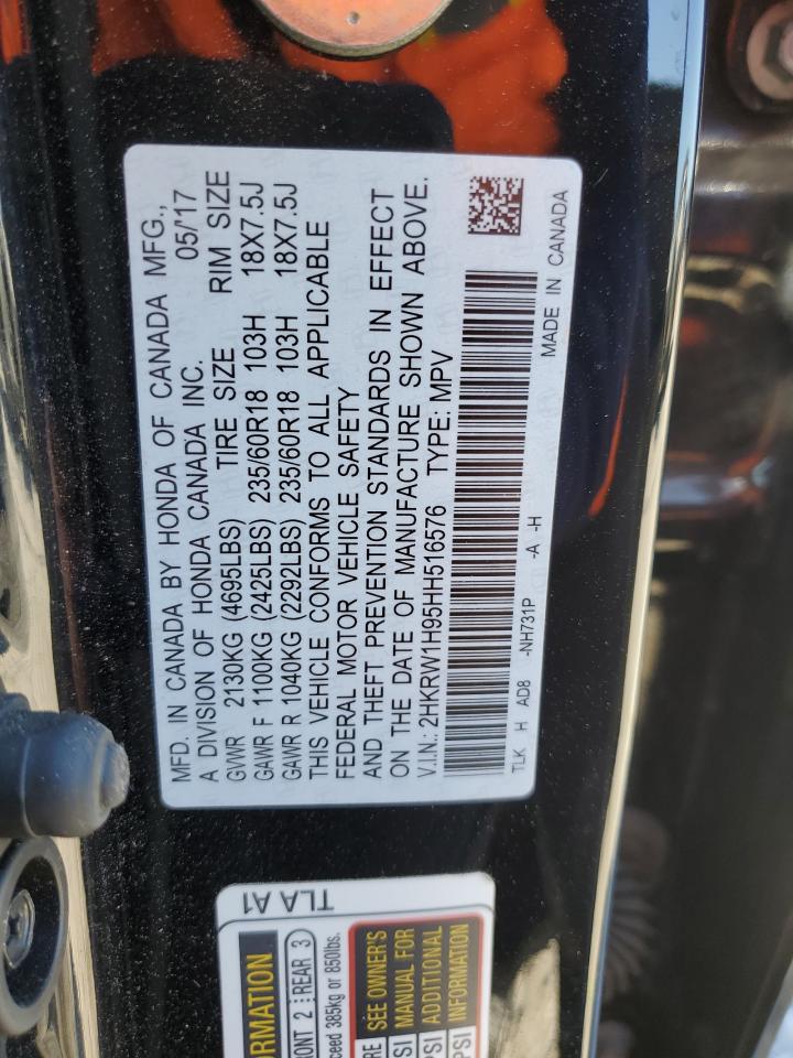 2017 Honda CR-V VIN 2HKRW1H95HH516576 Copart auction photo, rear end / side damage thumbnail 14