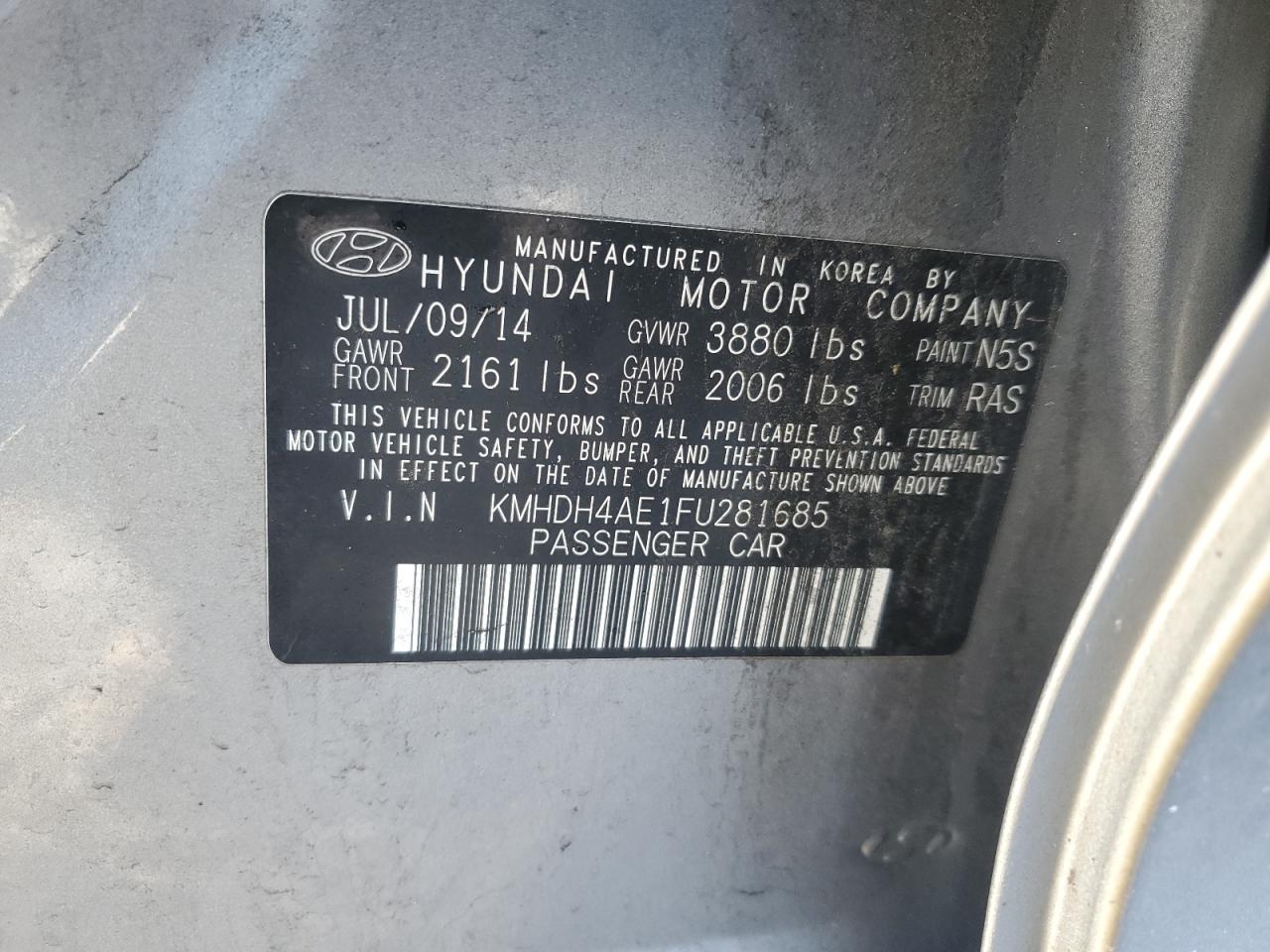 2015 Hyundai Elantra VIN KMHDH4AE1FU281685 Copart auction photo, front end damage thumbnail 12