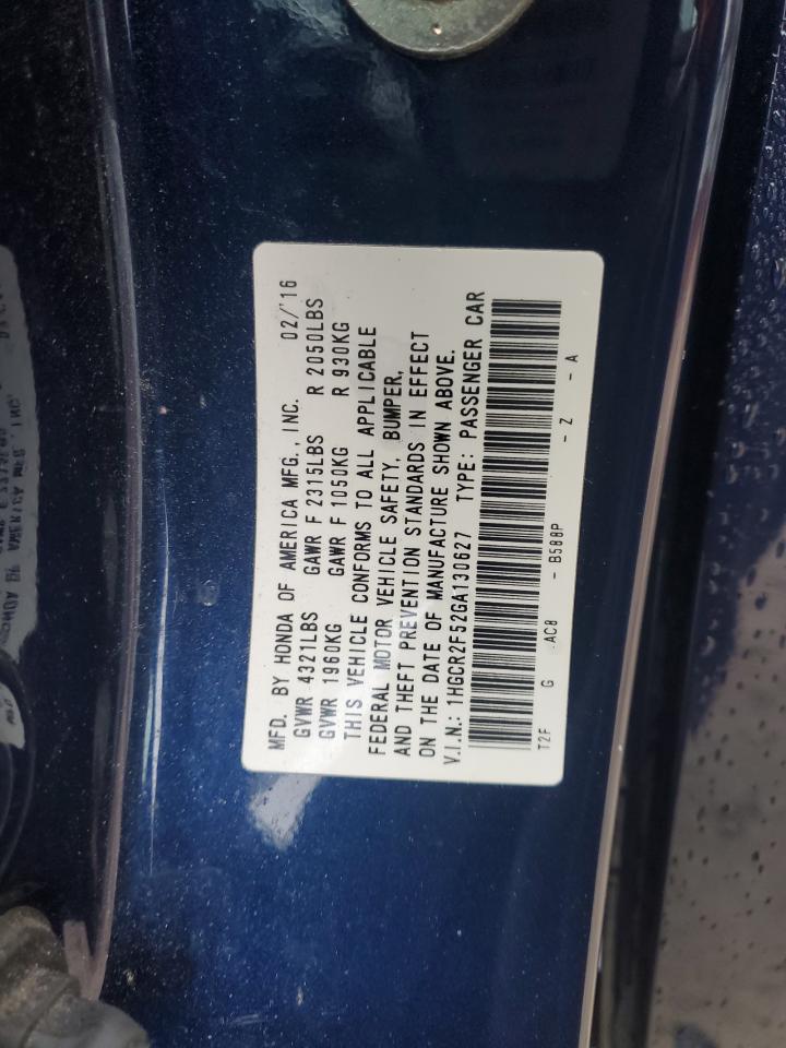 2016 Honda Accord VIN 1HGCR2F52GA130627 Copart auction photo, front end / side damage thumbnail 14