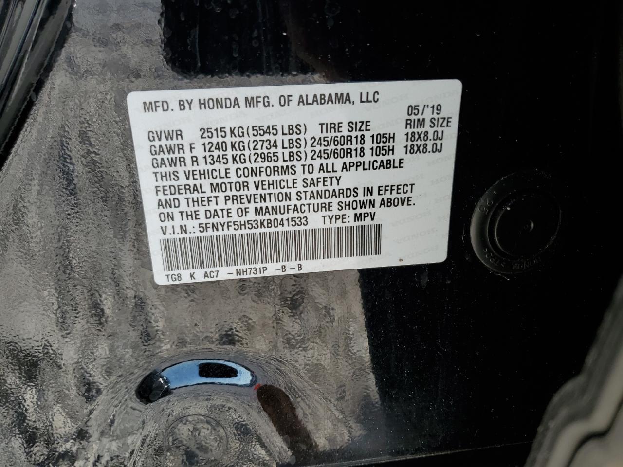 2019 Honda Pilot VIN 5FNYF5H53KB041533 Copart auction photo, front end damage thumbnail 13