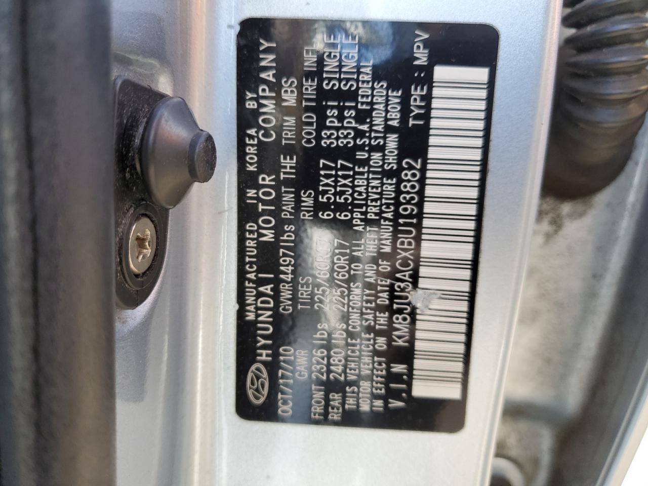 2011 Hyundai Tucson VIN KM8JU3ACXBU193882 Copart auction photo, rear end damage thumbnail 12