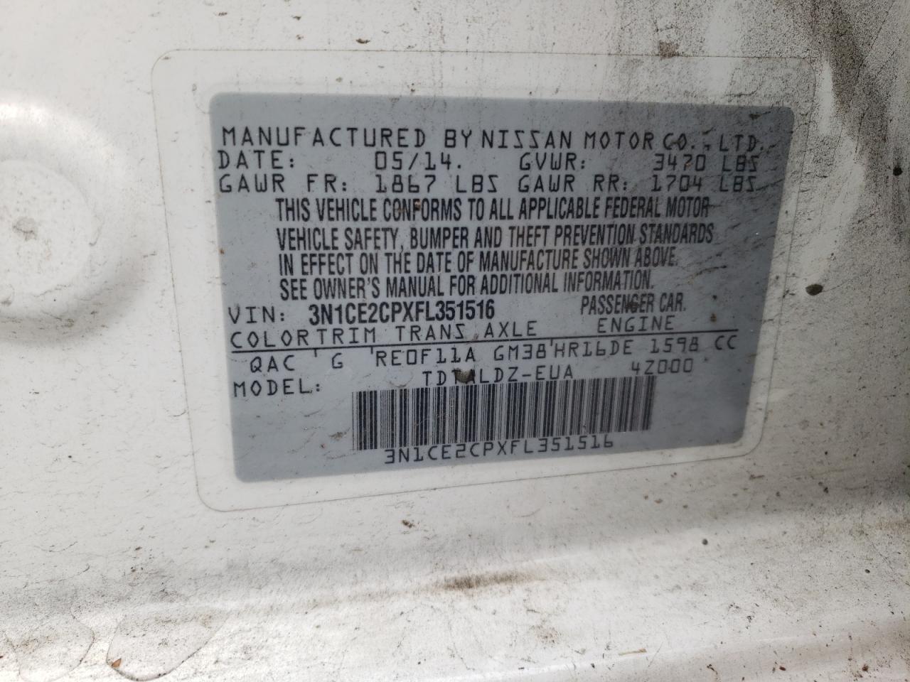 2015 Nissan Versa VIN 3N1CE2CPXFL351516 Copart auction photo, front end / minor dent/scratches damage thumbnail 13