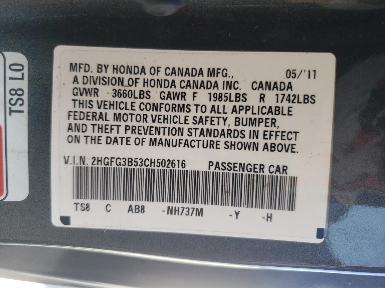 2012 Honda Civic VIN 2HGFG3B53CH502616 Copart auction photo, rear end / minor dent/scratches damage thumbnail 12