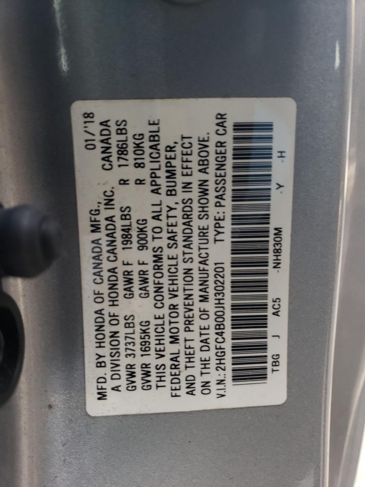 2018 Honda Civic VIN 2HGFC4B00JH302201 Copart auction photo, front end / side damage thumbnail 12