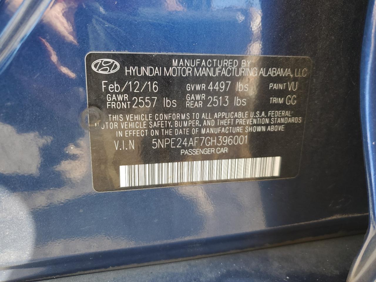 2016 Hyundai Sonata VIN 5NPE24AF7GH396001 Copart auction photo, burn / minor dent/scratches damage thumbnail 12