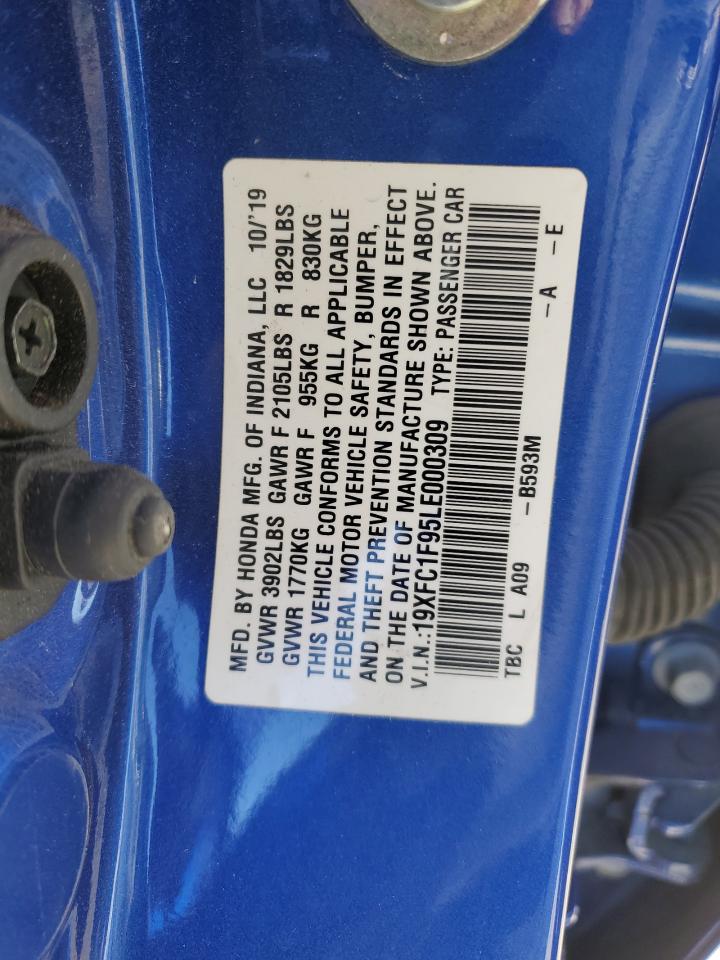 2020 Honda Civic VIN 19XFC1F95LE000309 Copart auction photo, front end / side damage thumbnail 12