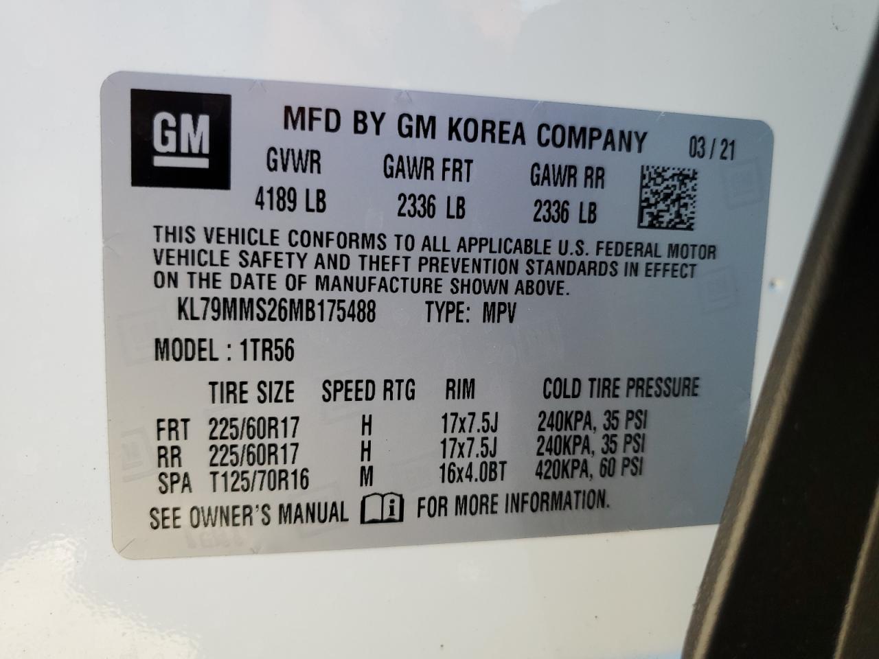 2021 Chevrolet TrailBlazer VIN KL79MMS26MB175488 Copart auction photo, undercarriage / all over damage thumbnail 13