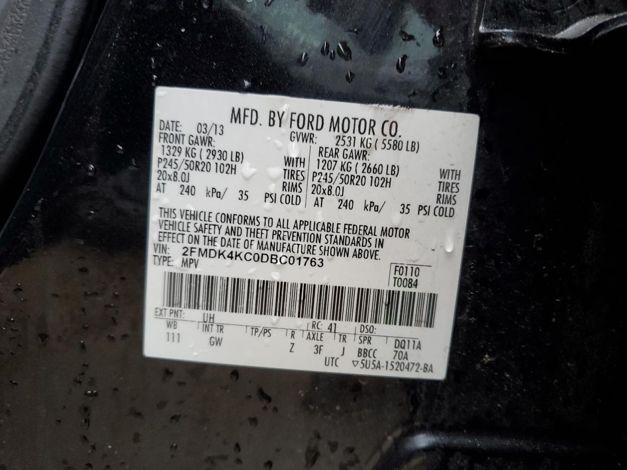 2013 Ford Edge VIN 2FMDK4KC0DBC01763 Copart auction photo, front end damage thumbnail 13