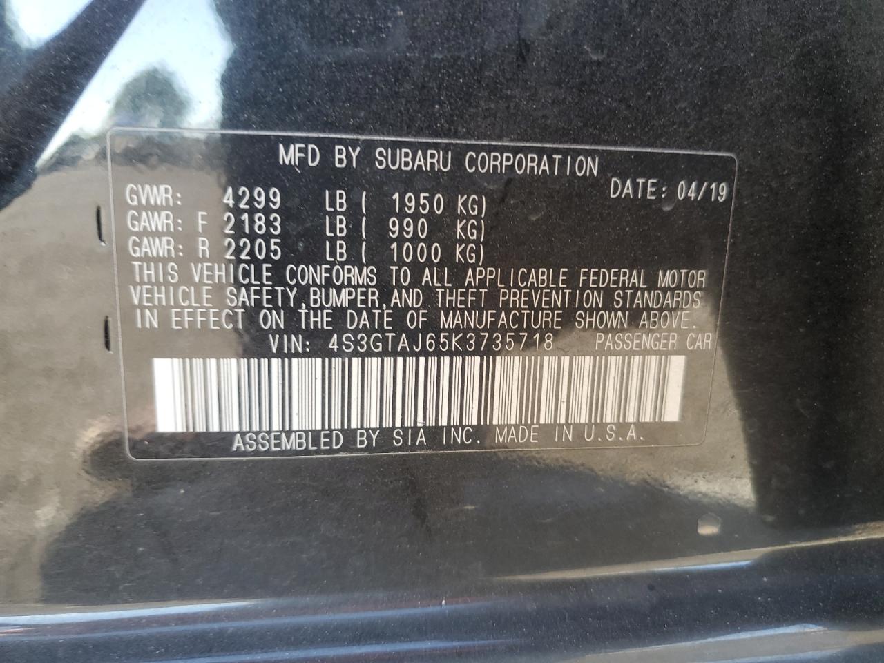 2019 Subaru Impreza VIN 4S3GTAJ65K3735718 Copart auction photo, front end / minor dent/scratches damage thumbnail 14