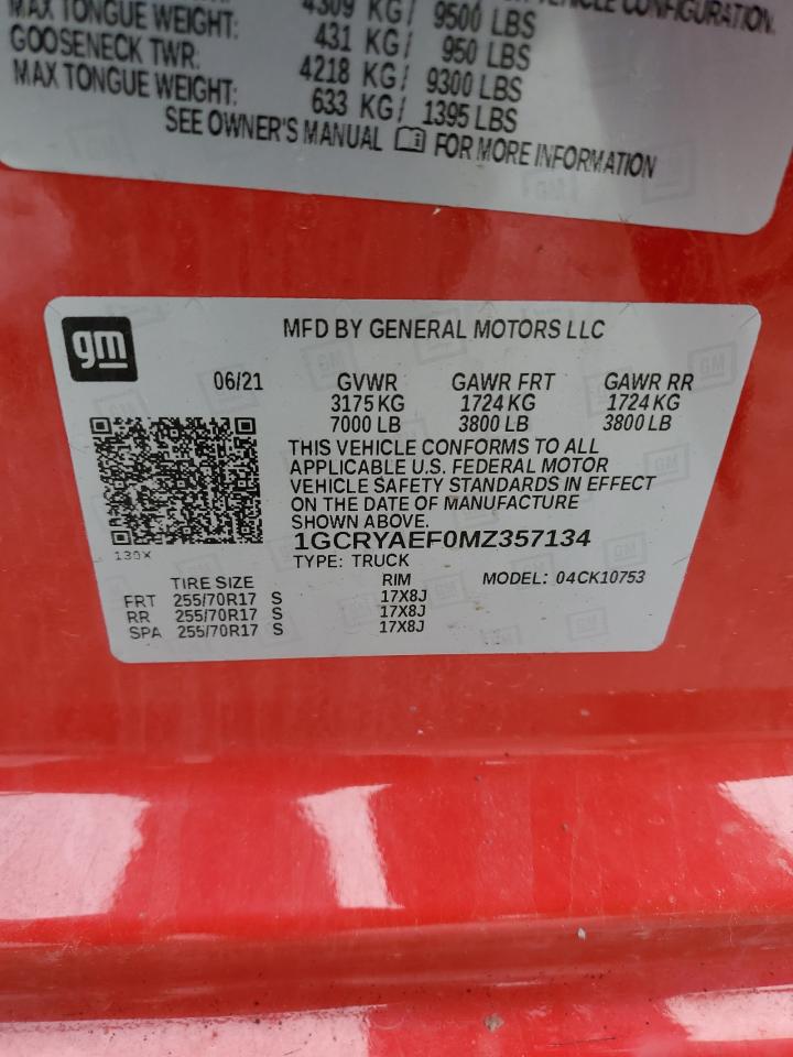 2021 Chevrolet Silverado VIN 1GCRYAEF0MZ357134 Copart auction photo, hail damage thumbnail 12