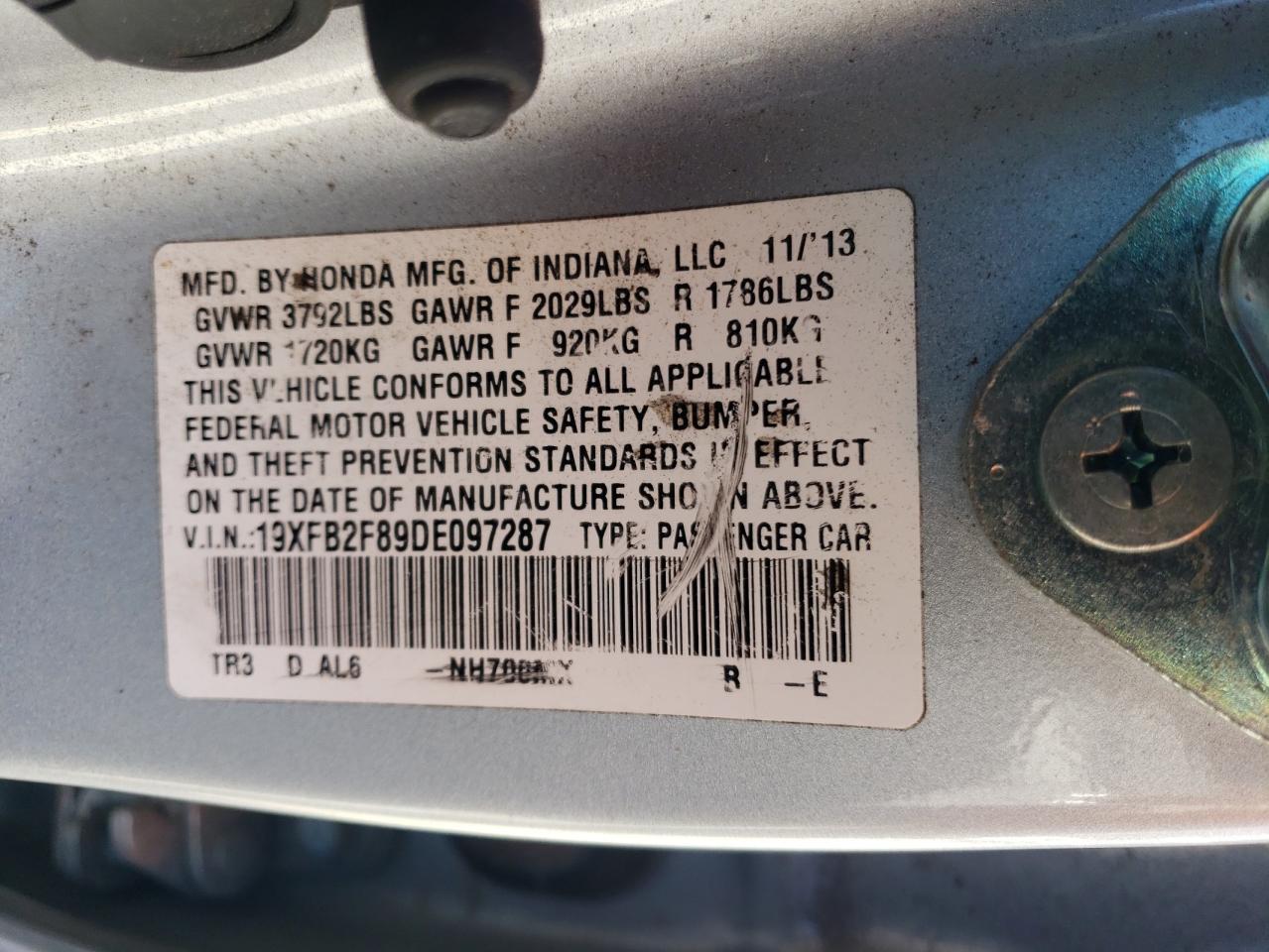 2013 Honda Civic VIN 19XFB2F89DE097287 Copart auction photo, front end / minor dent/scratches damage thumbnail 12