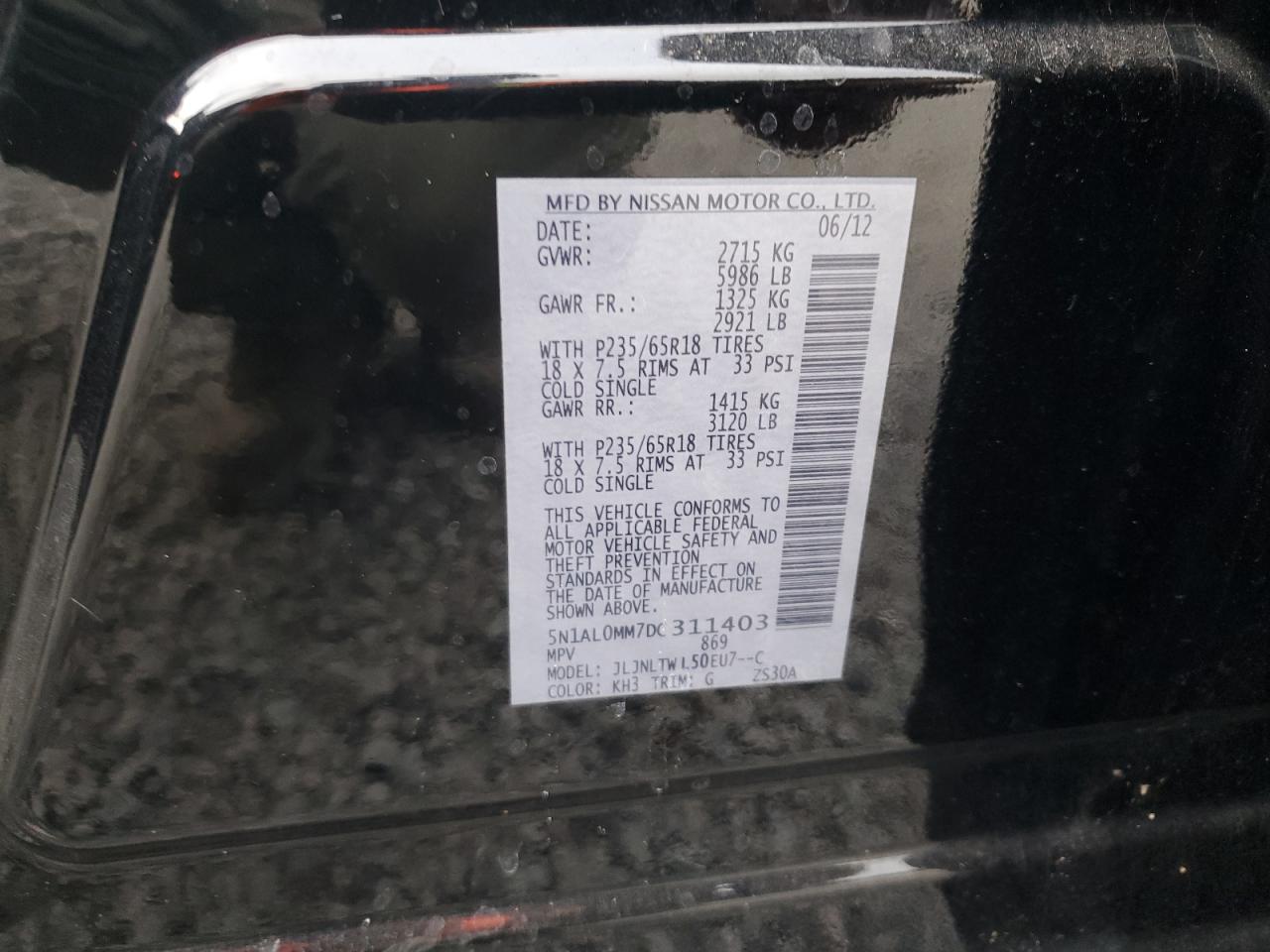 2013 Infiniti JX VIN 5N1AL0MM7DC311403 Copart auction photo, front end / side damage thumbnail 13