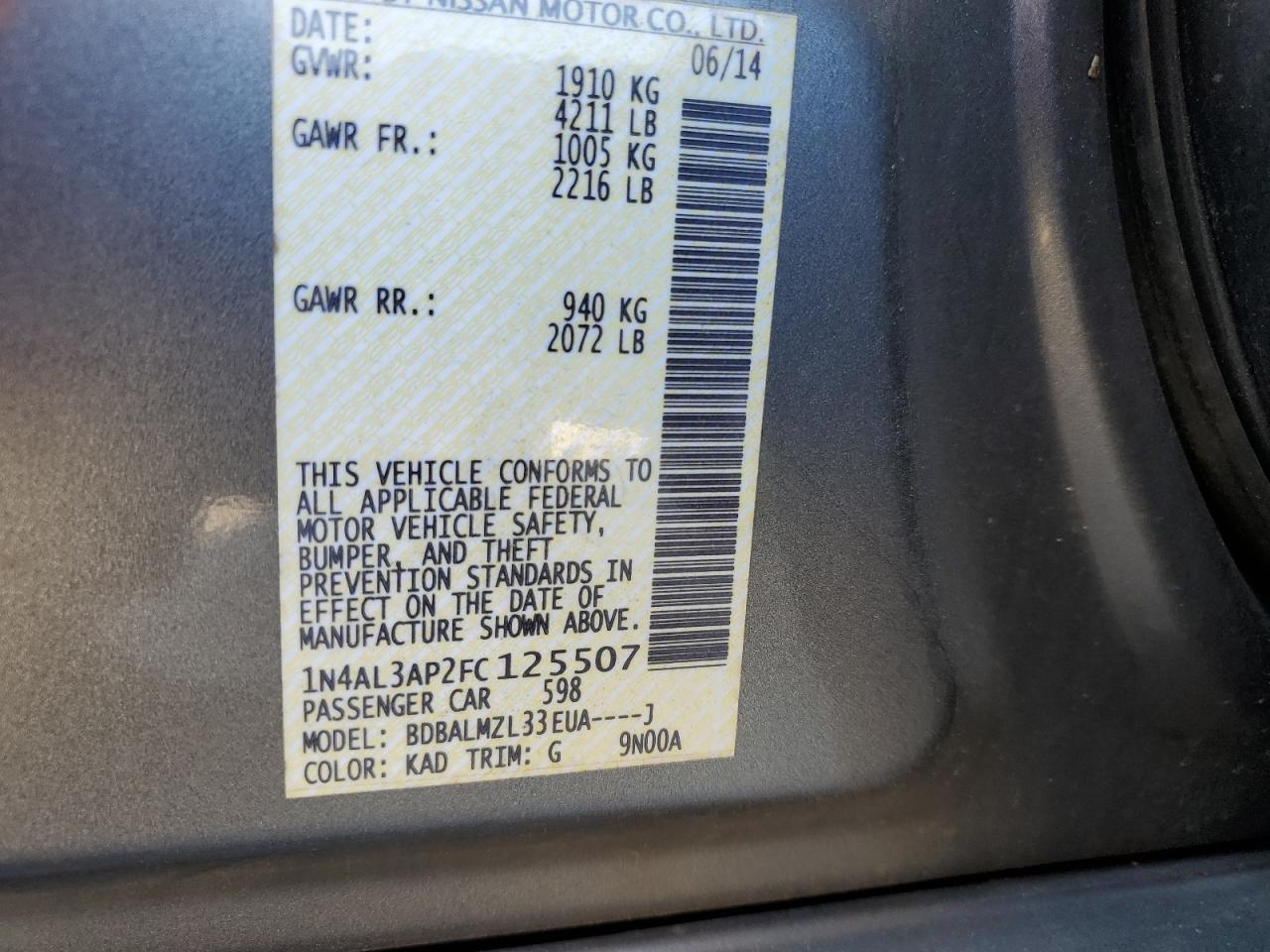 2015 Nissan Altima VIN 1N4AL3AP2FC125507 Copart auction photo, front end damage thumbnail 12